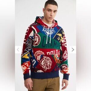Polo Ralph Lauren Pennant Print Hoodie Collegiate Fleece Blue/Red Sweatshirt M